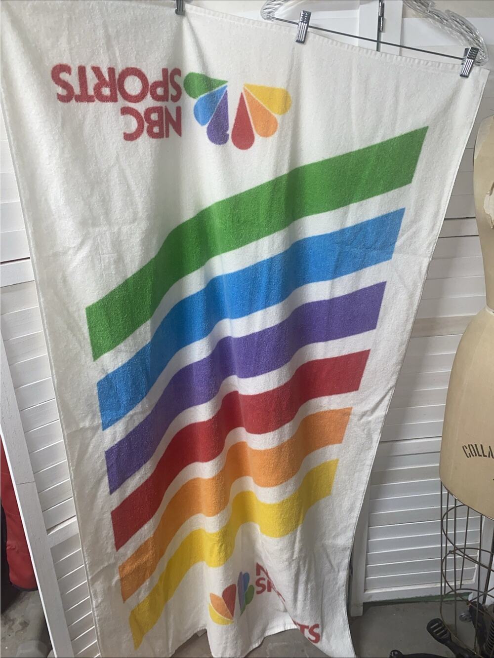 Vintage 90s NBC Sports Cotton BEACH TOWEL Peacock Rainbow 60” X 35.5” Loop Yarn